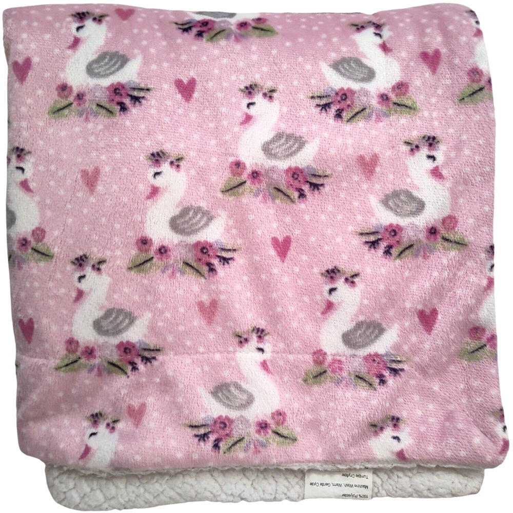 Runt 1478 Baby Girl Pink Swan Bird Blanket White Sherpa Flowers Heart Polka Dot